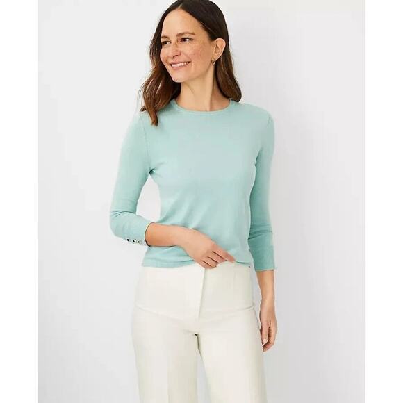 Ann Taylor Factory Sweaters - Ann Taylor Seasonless Button Cuff Sweater, Medium, Light Blue, Office, Classic